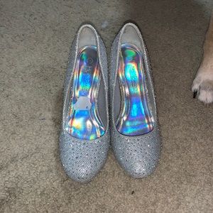 Silver rhinestone studded low platform heels